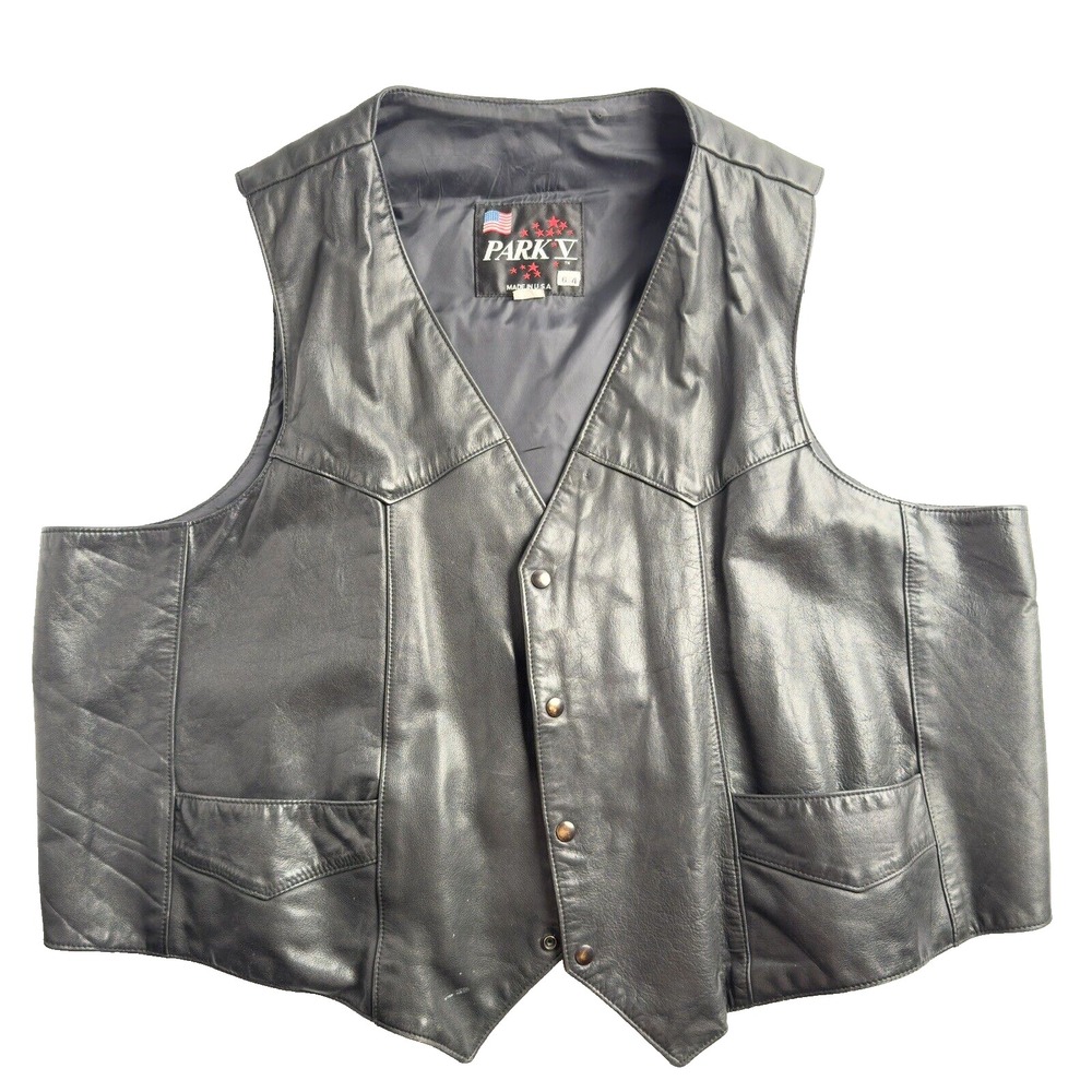 Park V Bike Leather Vest Men's Size 64 Black Motorcycle Cut Used Vintage